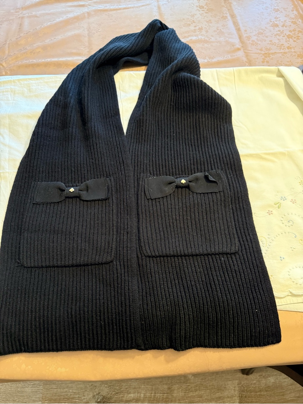 kate spade Black Ribbed Knit Scarf with Bow-Accent Pockets